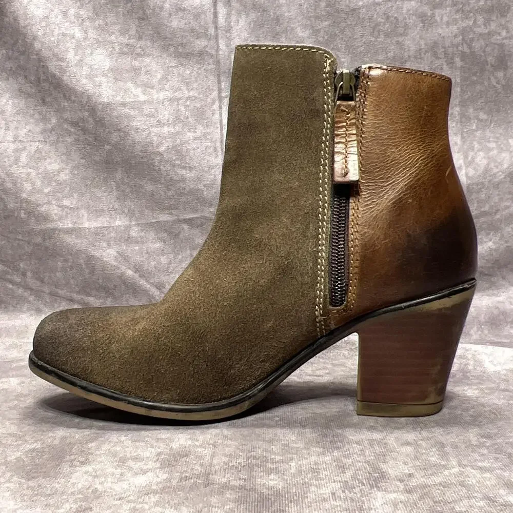 Roan Lina Boots Womens 7.5 Brown Leather Ankle Side Zip Block Heel Casual